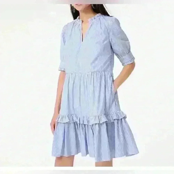 J. Crew Stripe Ruffleneck Tiered Popover Dress Size Medium Petite - Picture 1 of 15